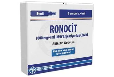 RONOCIT 1000 MG/4 ML IM/IV ENJEKSIYONLUK COZELTI (5 AMPUL) kutusu. Sitikoline içeren çözelti. Üretici: WORLD MEDICINE İLAÇ SAN. VE TİC. A.Ş.