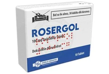 ROSERGOL 100 MG DAGILABILIR TABLET (10 TABLET) (doksisiklin hiklat) kutu fotoğrafı, tablet. Üretici: WORLD MEDICINE İLAÇ SAN. VE TİC. A.Ş.