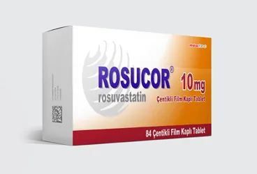 Rosuvastatin içeren film kaplı tablet: ROSUCOR 10 MG 84 FİLM TABLET kutusu. Üretici: CELTİS İLAÇ SANAYİ VE TİCARET ANONİM ŞİRKETİ.