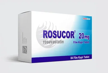 Rosuvastatin içeren film kaplı tablet: ROSUCOR 20 MG 84 FİLM TABLET ürün ambalajı. Üretici: CELTİS İLAÇ SANAYİ VE TİCARET ANONİM ŞİRKETİ.