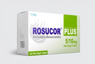Amlodipin + rosuvastatin içeren film kaplı tablet: ROSUCOR PLUS 5/10 MG 30 FILM KAPLI TABLET kutusu. Üretici: CELTİS İLAÇ SANAYİ VE TİCARET ANONİM ŞİRKETİ.