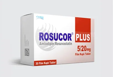 ROSUCOR PLUS 5/20 MG 30 FILM KAPLI TABLET kutusu, film kaplı tablet formunda amlodipin + rosuvastatin içerir. Üretici: CELTİS İLAÇ SANAYİ VE TİCARET ANONİM ŞİRKETİ.