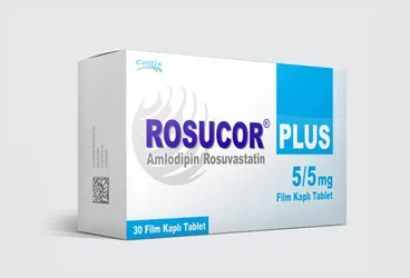 ROSUCOR PLUS 5/5 MG 30 FILM KAPLI TABLET ambalajı. Amlodipin + rosuvastatin içeren film kaplı tablet. Üretici: CELTİS İLAÇ SANAYİ VE TİCARET ANONİM ŞİRKETİ.