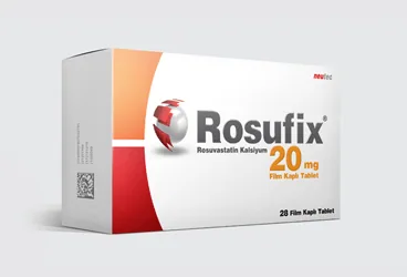 Rosuvastatin içeren film kaplı tablet: ROSUFIX 20 MG 28 FILM TABLET kutusu. Üretici: NEUTEC İLAÇ SANAYİ TİCARET ANONİM ŞİRKETİ.