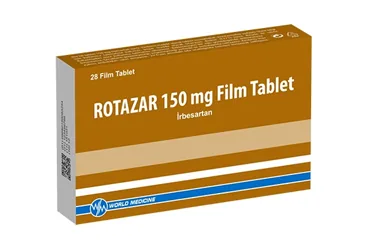 Irbesartan içeren film kaplı tablet: ROTAZAR 150 MG FILM TABLET (28 TABLET) ambalajı. Üretici: WORLD MEDICINE İLAÇ SAN. VE TİC. A.Ş.
