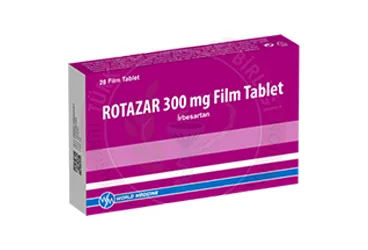 Irbesartan içeren film kaplı tablet: ROTAZAR 300 MG FILM TABLET (28 TABLET) kutusu. Üretici: WORLD MEDICINE İLAÇ SAN. VE TİC. A.Ş.