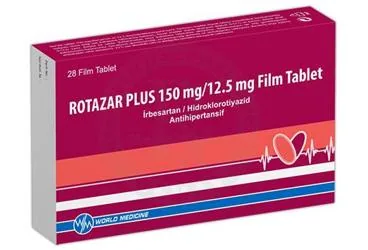 ROTAZAR PLUS 150MG/12.5MG FILM TABLET (28 TABLET) ambalajı, film kaplı tablet formunda irbesartan + hidroklorotiyazid içerir. Üretici: WORLD MEDICINE İLAÇ SAN. VE TİC. A.Ş.