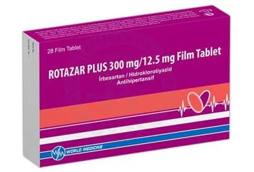 ROTAZAR PLUS 300MG/12.5MG FILM TABLET (28 TABLET) kutusu, film kaplı tablet formunda irbesartan + hidroklorotiyazid içerir. Üretici: WORLD MEDICINE İLAÇ SAN. VE TİC. A.Ş.