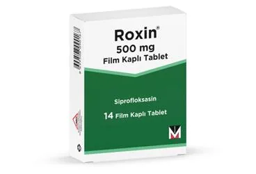 ROXIN 500 MG FILM KAPLI TABLET kutu fotoğrafı. Siprofloksasin içeren film kaplı tablet. Üretici: MENARİNİ SAĞLIK VE İLAÇ SANAYİ TİCARET ANONİM ŞİRKETİ.