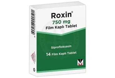 Siprofloksasin içeren film kaplı tablet: ROXIN 750 MG FILM KAPLI TABLET kutu fotoğrafı. Üretici: MENARİNİ SAĞLIK VE İLAÇ SANAYİ TİCARET ANONİM ŞİRKETİ.