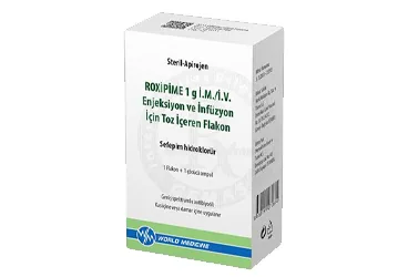 ROXIPIME 1 GR IM/IV ENJEKTABL TOZ ICEREN 1 FLAKON kutusu, flakon formunda sefepim hidroklorür içerir. Üretici: WORLD MEDICINE İLAÇ SAN. VE TİC. A.Ş.