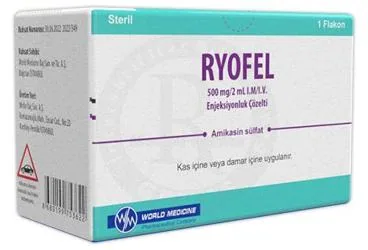 RYOFEL 500 MG/2 ML I.M./I.V. ENJEKSIYONLUK COZELTI (1 FLAKON) ürün ambalajı. Amikasin sülfat içeren çözelti. Üretici: WORLD MEDICINE İLAÇ SAN. VE TİC. A.Ş.