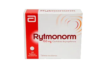 Propafenon hcl içeren film kaplı tablet: RYTMONORM 150 MG 30 FILM TABLET kutusu. Üretici: ABBOTT LABORATUARLARI İTHALAT İHRACAT VE TİCARET LİMİTED ŞİRKETİ.