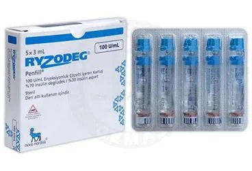 Insülin degludec +  insülin aspart içeren çözelti: RYZODEG PENFILL 100 U/ML ENJEKSIYONLUK COZELTI ICEREN KARTUS (5 KARTUS) ürün ambalajı. Üretici: NOVO NORDISK SAĞLIK ÜRÜNLERİ TİCARET LİMİTED ŞİRKETİ.