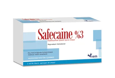 Mepivacaine hcl içeren çözelti: SAFECAINE 30 MG/ML ENJEKSIYONLUK COZELTI ICEREN KARPÜL kutu fotoğrafı. Üretici: VEM İLAÇ SAN. VE TİC. ANONİM ŞİRKETİ.