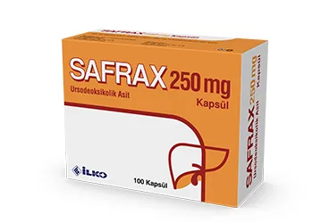 SAFRAX 250 MG 100 KAPSUL ürün ambalajı. Ursodeoksikolik asit içeren kapsül. Üretici: İLKO İLAÇ SAN. VE TİC. A.Ş.