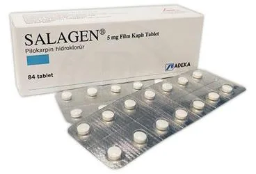 SALAGEN 5 MG 84 FILM KAPLI TABLET ambalajı. Pilokarpin hcl içeren film kaplı tablet. Üretici: ADEKA İLAÇ SANAYİ VE TİCARET A.Ş.