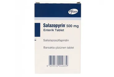 Salisilazosülfapiridin içeren tablet: SALAZOPYRIN 500 MG 50 ENTERIK TABLET ürün ambalajı. Üretici: PFİZER PFE İLAÇLARI ANONİM ŞİRKETİ.