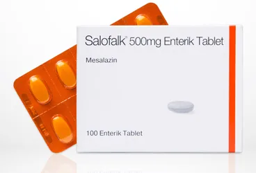 SALOFALK 500 MG 100 ENT. TABLET ürün ambalajı. Mesalazin içeren tablet. Üretici: ALİ RAİF İLAÇ SANAYİ A.Ş.