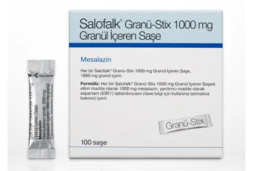 SALOFALK GRANU-STIX 1000 MG GRANUL ICEREN 100 SASE (mesalazin) kutu fotoğrafı, saşe. Üretici: ALİ RAİF İLAÇ SANAYİ A.Ş.