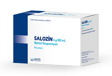SALOZIN 4 G /60 ML REKTAL SUSPANSIYON ürün ambalajı. Mesalazin içeren süspansiyon. Üretici: ARGİS İLAÇ SANAYİ VE TİCARET ANONİM ŞİRKETİ.