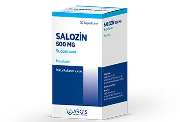 SALOZIN 500 MG SUPOZITUVAR kutu fotoğrafı. Mesalazin içeren supozituvar. Üretici: ARGİS İLAÇ SANAYİ VE TİCARET ANONİM ŞİRKETİ.
