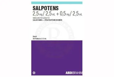 SALPOTENS 2,5 MG/2,5 ML+ 0,5 MG/2,5 ML NEBULIZASYON COZELTISI (20 ADET) kutusu. Ipratropium bromür monohidrat + salbutamol sülfat içeren çözelti. Üretici: ABDİ İBRAHİM İLAÇ SANAYİ VE TİCARET A.Ş.