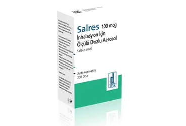 SALRES 100 MCG/DOZ INHALASYON ICIN COZELTI ICEREN OLCULU DOZLU AEROSOL (200 DOZ) ürün ambalajı, inhalasyon aerosolü formunda salbutamol -inhalant içerir. Üretici: DEVA HOLDİNG ANONİM ŞİRKETİ.