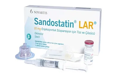 Oktreotid içeren flakon: SANDOSTATIN LAR 20 MG 1 FLAKON ambalajı. Üretici: NOVARTİS SAĞLIK GIDA VE TARIM ÜRÜNLERİ SANAYİ VE TİCARET ANONİM ŞİRKETİ.