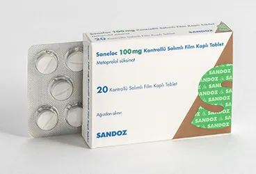 Metoprolol içeren tablet: SANELOC 100 MG 20 DEĞİŞTİRİLMİŞ SALINIMLI TABLET kutu fotoğrafı. Üretici: SANDOZ İLAÇ SANAYİ VE TİCARET A.Ş.