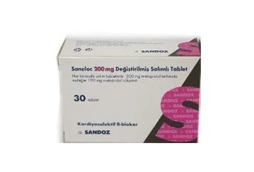 SANELOC 200 MG 20 DEĞİŞTİRİLMİŞ SALINIMLI TABLET ambalajı. Metoprolol içeren tablet. Üretici: SANDOZ İLAÇ SANAYİ VE TİCARET A.Ş.