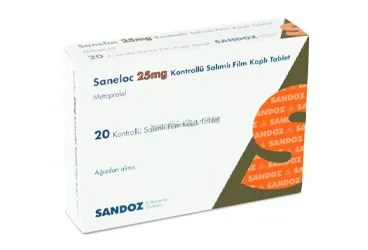 SANELOC 25 MG KONTROLLU SALIMLI FILM KAPLI TABLET (20 TABLET) (metoprolol) kutu fotoğrafı, film kaplı tablet. Üretici: SANDOZ İLAÇ SANAYİ VE TİCARET A.Ş.