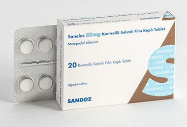 SANELOC 50 MG 20 DEĞİŞTİRİLMİŞ SALINIMLI TABLET (metoprolol) ürün ambalajı, tablet. Üretici: SANDOZ İLAÇ SANAYİ VE TİCARET A.Ş.