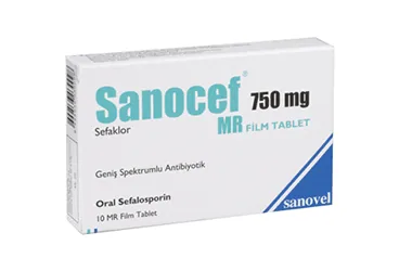 SANOCEF 750 MG MR FILM TABLET kutusu, film kaplı tablet formunda sefaklor monohidrat içerir. Üretici: SANOVEL İLAÇ SANAYİ VE TİCARET ANONİM ŞİRKETİ.