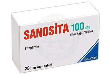 SANOSITA 100 MG FILM KAPLI TABLET (sitagliptin fosfat monohidrat) ürün ambalajı, film kaplı tablet. Üretici: SANOVEL İLAÇ SANAYİ VE TİCARET ANONİM ŞİRKETİ.