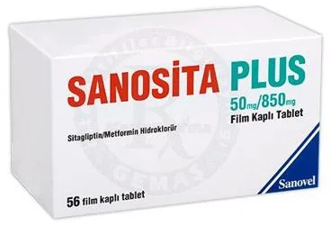 SANOSITA PLUS 50 MG/850 MG FILM KAPLI TABLET (56 TABLET) (metformin + sitagliptin) ürün ambalajı, film kaplı tablet. Üretici: SANOVEL İLAÇ SANAYİ VE TİCARET ANONİM ŞİRKETİ.