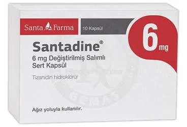 SANTADINE 6 MG DEGISTIRILMIS SALIMLI SERT KAPSUL (10 ADET) ürün ambalajı, kapsül formunda tizanidin içerir. Üretici: SANTA FARMA İLAÇ SAN. A.Ş.