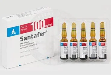 SANTAFER 100MG/2ML AMPUL ürün ambalajı. Demir iii hidroksit sükroz içeren ampul. Üretici: SANTA FARMA İLAÇ SAN. A.Ş.
