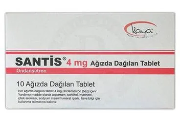 Ondansetron hcl içeren tablet: SANTIS 4 MG AGIZDA DAGILAN 10 TABLET kutu fotoğrafı. Üretici: KAYA BEŞERİ İLAÇ SANAYİ VE TİCARET ANONİM ŞİRKETİ.