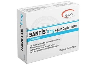 SANTIS 8 MG AGIZDA DAGILAN 10 TABLET (ondansetron hcl) ambalajı, tablet. Üretici: KAYA BEŞERİ İLAÇ SANAYİ VE TİCARET ANONİM ŞİRKETİ.