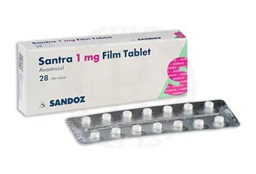 Anastrozol içeren tablet: SANTRA 1 MG 28 TABLET kutusu. Üretici: SANDOZ İLAÇ SANAYİ VE TİCARET A.Ş.