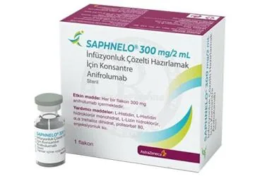 SAPHNELO 300 MG/2 ML INFUZYONLUK COZELTI HAZIRLAMAK ICIN KONSANTRE (1 ADET) kutusu, çözelti formunda anifrolumab içerir. Üretici: ASTRAZENECA İLAÇ SAN.VE TİC.LTD.ŞTİ.