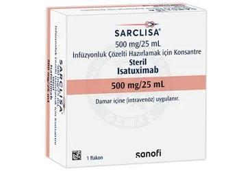 SARCLISA 500 MG / 25 ML INFUZYONLUK COZELTI HAZIRLAMAK ICIN KONSANTRE ürün ambalajı, çözelti formunda isatuksimab içerir. Üretici: SANOFİ SAĞLIK ÜRÜNLERİ LTD. ŞTİ.