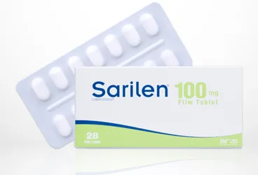 SARİLEN 100 MG 28 FİLM TABLET (losartan potasyum) ambalajı, film kaplı tablet. Üretici: ALİ RAİF İLAÇ SANAYİ A.Ş.
