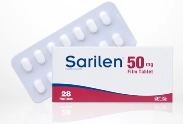SARILEN 50 MG 28 FİLM TABLET kutu fotoğrafı. Losartan potasyum içeren film kaplı tablet. Üretici: ALİ RAİF İLAÇ SANAYİ A.Ş.