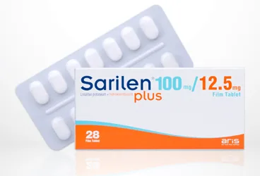 SARILEN PLUS 100 MG/12.5 MG 28 FILM TABLET kutu fotoğrafı, film kaplı tablet formunda losartan potasyum + hidroklortiyazid içerir. Üretici: ALİ RAİF İLAÇ SANAYİ A.Ş.