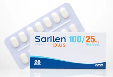 SARILEN PLUS 100 MG/25 MG FILM KAPLITABLET, 14 ADET (losartan potasyum, hidroklorotiyazid) ürün ambalajı, film kaplı tablet. Üretici: ALİ RAİF İLAÇ SAN. A.Ş.