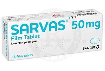 SARVAS 50 MG 28 FİLM TABLET ambalajı. Losartan potasyum içeren film kaplı tablet. Üretici: SANOFİ İLAÇ SANAYİ ve TİC. A.Ş.