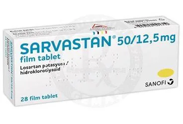 Losartan potasyum + hidroklortiyazid içeren film kaplı tablet: SARVASTAN 50/12,5 MG 28 FİLM TABLET kutusu. Üretici: SANOFİ İLAÇ SANAYİ ve TİC. A.Ş.