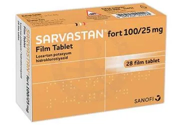 SARVASTAN FORT 100/25 MG 28 FİLM TABLET (losartan potasyum + hidroklortiyazid) ambalajı, film kaplı tablet. Üretici: SANOFİ İLAÇ SANAYİ ve TİC. A.Ş.